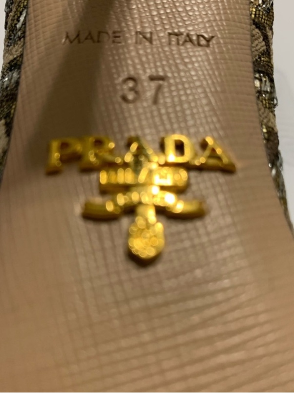 Prada Gold Metallic Patterned Ankle-Strap Kitten Heel - Picture 7 of 8